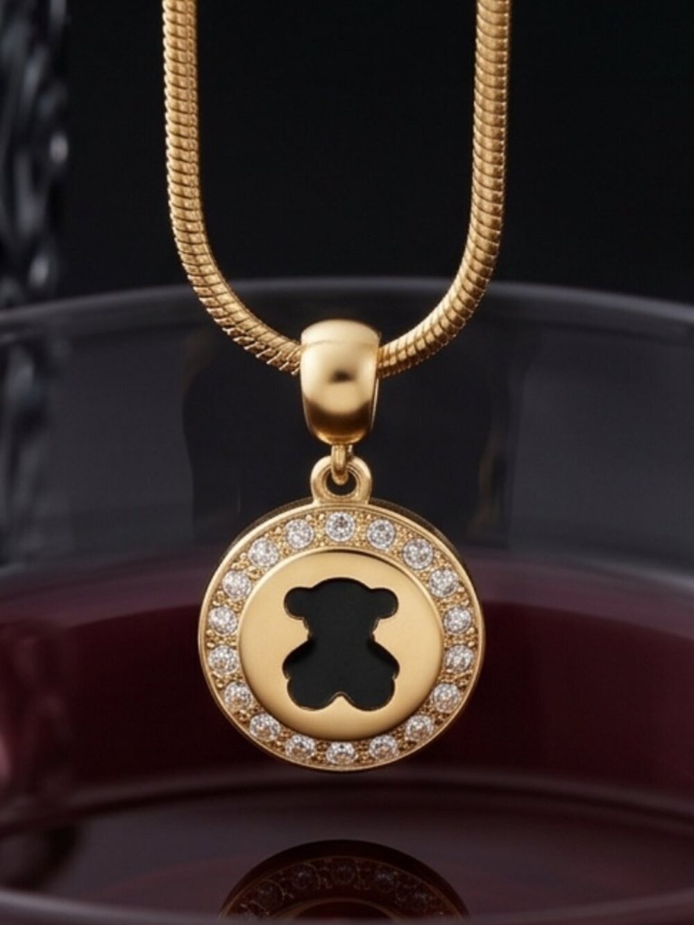 Black Bear Pendant Necklace CZ Halo 18K Gold Plated 0.90" Snake Chain